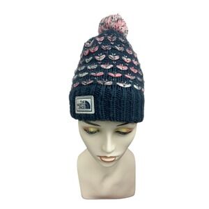The North Face Youth Small Navy Blue Pink Fleece Lined Knit Pom Beanie Hat